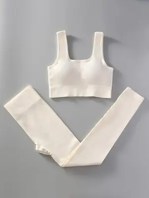 2 Pieces Women's Solid Scoop Neck Crop Tank Top & High Waist Leggings Tracksuit Set, Sweatsuits, Sporty Breathable Outfits fo...