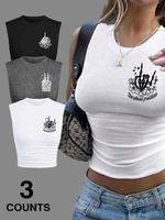 Women's Letter & Skeleton Print Crewneck Crop Tank Top, Casual Sleeveless Crew Neck Top for Summer, Ladies Clothes for Daily ...