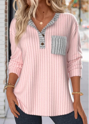 Modlily Light Pink Button Long Sleeve Split Neck Sweatshirt - XL
