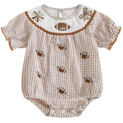 Newborn Baby Girls Football Outfits Rugby Smocked Romper Short Sleeve Bow Embroidery Plaid Onesie Bodysuit Infant Cute Clothe...