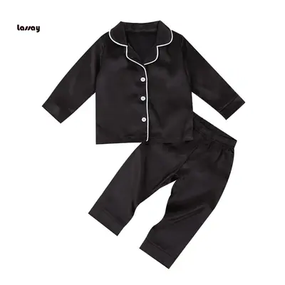 Toddler Baby Black Satin Pajamas, Infant Boy Short/Long Sleeve Short/Long Pants Sleepwear, Casual Button Two-pieces Set