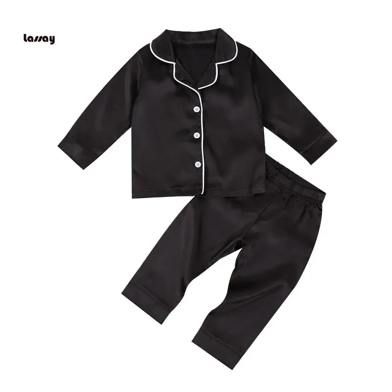 Toddler Baby Black Satin Pajamas, Infant Boy Short/Long Sleeve Short/Long Pants Sleepwear, Casual Button Two-pieces Set