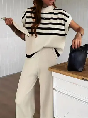 Women's Striped Batwing Sleeve Knit Top & Wide Leg Pants Sweater Co-ord Set, Elegant Mock Neck Top & High Waist Trousers, W...