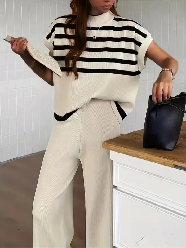 Women's Striped Batwing Sleeve Knit Top & Wide Leg Pants Sweater Co-ord Set, Elegant Mock Neck Top & High Waist Trousers, W...