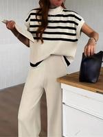 Women's Striped Print Batwing Sleeve Fabric Knit Top & Wide Leg Pants Fitted Sweater Coordinate Set, Elegant Mock Neck Lightw...