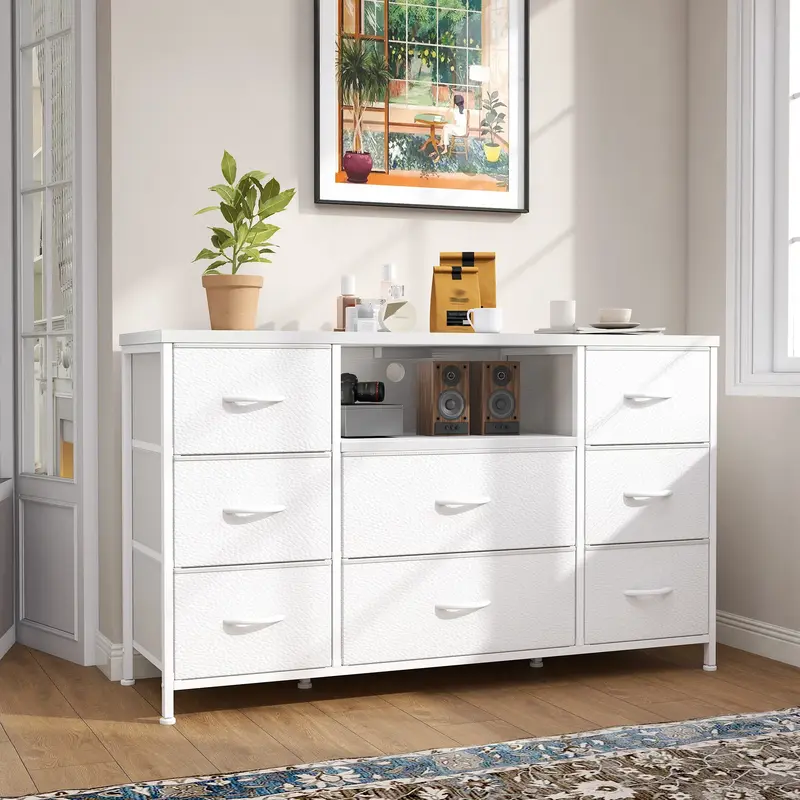 Raybee Furniture Dresser TV Stand with Power Outlet Entertainment Center with 8 Fabric Deep Drawers Wide Storage Drawer Dress...