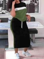 Women's Colorblock Print Two-piece Set, Casual Fashion Cozy Round Neck Tee & Skirt for Daily Outdoor Wear, Women Clothing for...