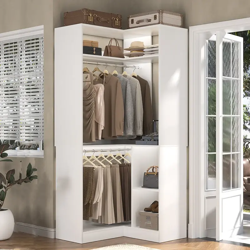 Upgrated Corner Closet System with Shelves, 34’’ Walk-in Closet Organizer System with 2 Hanging Rods, Freestanding Corner...