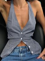 Women's Plaid Print Button  Halter  Top, Casual Sleeveless Top for Summer, Ladies Clothes for Daily Wear