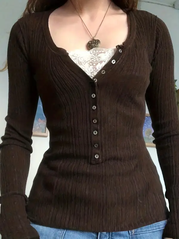 Women's Contrast Lace Button Front T-shirt,  Casual Long Sleeve Ribbed Top For Spring & Fall, Women's Clothes