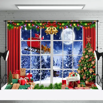 Aperturee Window Red Curtain Christmas Eve Party Backdrop