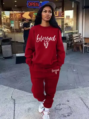 Women's Letter Print Sweatshirt & Pocket Sweatpants Suits Set, Soft Long Sleeve Pullover & Jogger Pants, Two-piece Outfits, C...