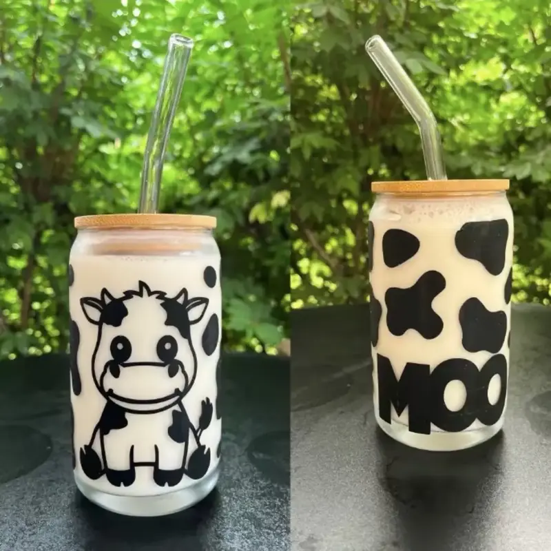 Cow Cup - Reusable Glass Cup, Drinkware with Bamboo Lid, Glass Straw