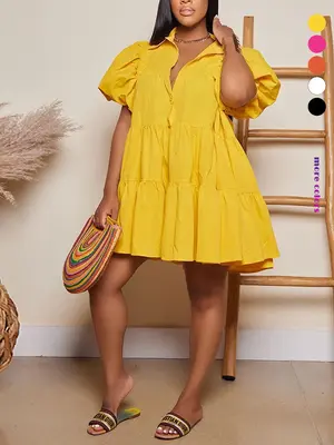 Women's Plain Peplum Hem Button Front Smock Dress, Casual Puff Sleeve Collar Short Dress for Daily Wear, Ladies Clothes for A...