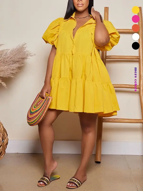 Women's Plain Peplum Hem Button Front Smock Dress, Casual Puff Sleeve Collar Short Dress for Daily Wear, Ladies Clothes for A...