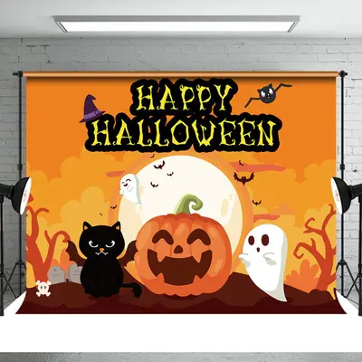Happy Halloween Pumpkin Cartoon Bat Cat Backdrop - Aperturee