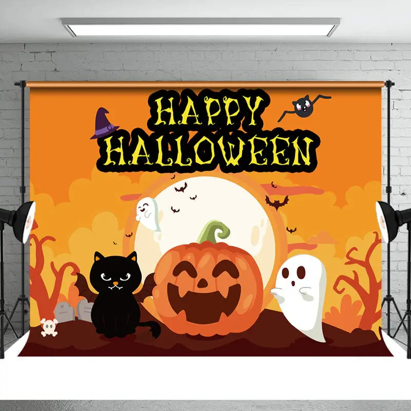 Happy Halloween Pumpkin Cartoon Bat Cat Backdrop - Aperturee