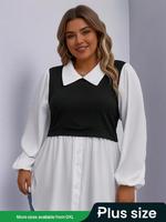 Plus 2 In 1 Colorblock Button Front Blouse, Casual Bishop Sleeve Collared Top for Spring & Fall, Women's Clothes for Daily We...