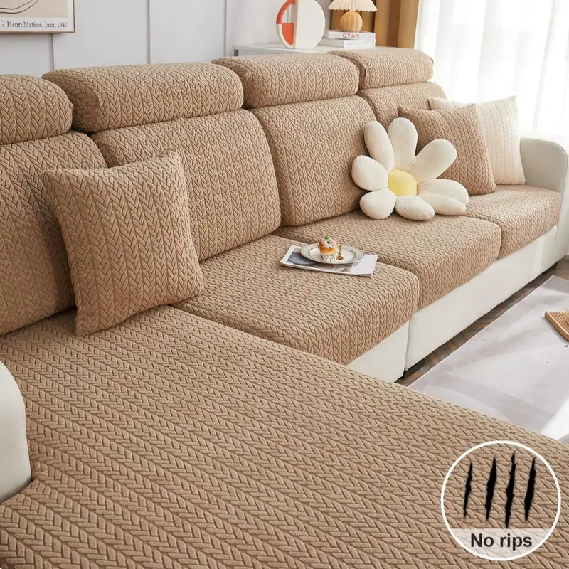 Solid Color Jacquard Sofa Cover, 1 Count All Inclusive Anti-cat Scratching Sofa Slipcover, Sofa Protector for Home Living Roo...