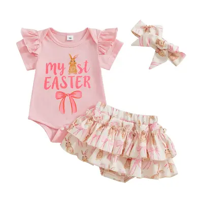 Baby Girls Easter Outfits Letter Print Short Sleeves Romper with Bunny Print Tiered Ruffled Shorts and Headband