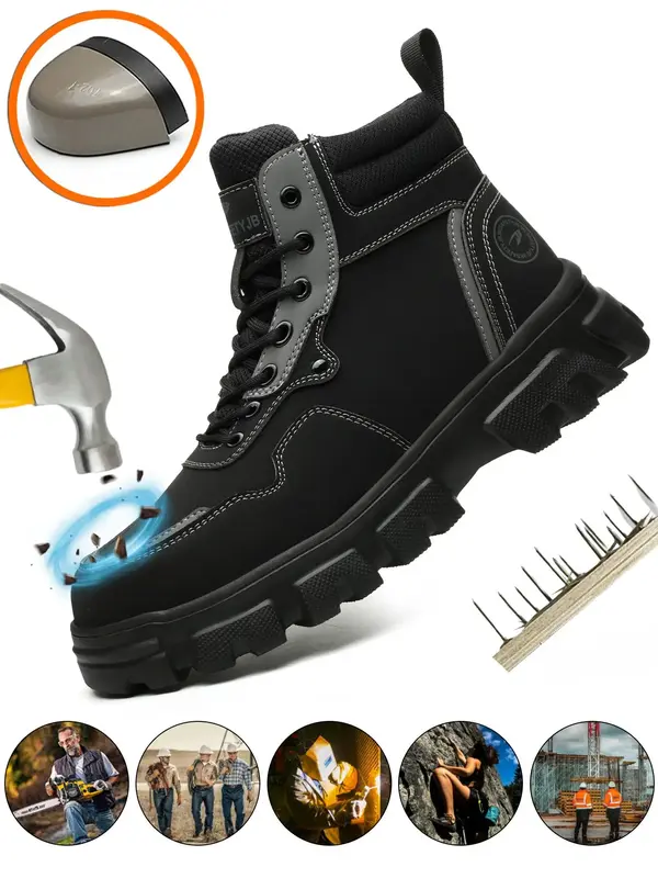 Men's  Anti-smashing Anti-puncture Black Worker Boots, Durable Steel Toe Tactical Boots, Comfortable Breathable High Top Safe...