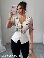 Women's Floral Embroidery Shirt, Lady Elegant Short Sleeve V Neck Top for Summer, Women's Clothing for Daily Wear, Womenswear