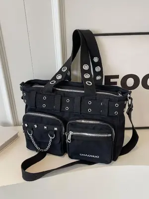 Women's Fashionable All-match Punk Style Tote Bag with Multi-pocket Design, Casual Versatile Zipper Design, Large Capacity Sh...