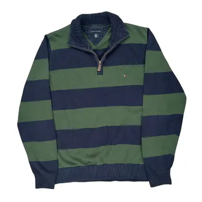 Tommy Hilfiger Striped 1/4 Zip - Large Green Cotton