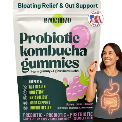BoochBod Probiotic Kombucha Gummies – Bloating Relief, Gut Health, Digestion, & Metabolism | Prebiotic, Postbiotics, Slippe...