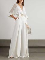 Women's Solid Color Plain Contrast Mesh Belted Pocket Wide Leg, Wrap Jumpsuit, Modern Modest Elegant Chic Fit Batwing Sleeve ...