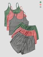 Six-piece Set Women's Plain Ribbed Shorts Set, Casual Basic Soft Spaghetti Strap Crop Cami Top & Elastic Waist Shorts Set, Ba...