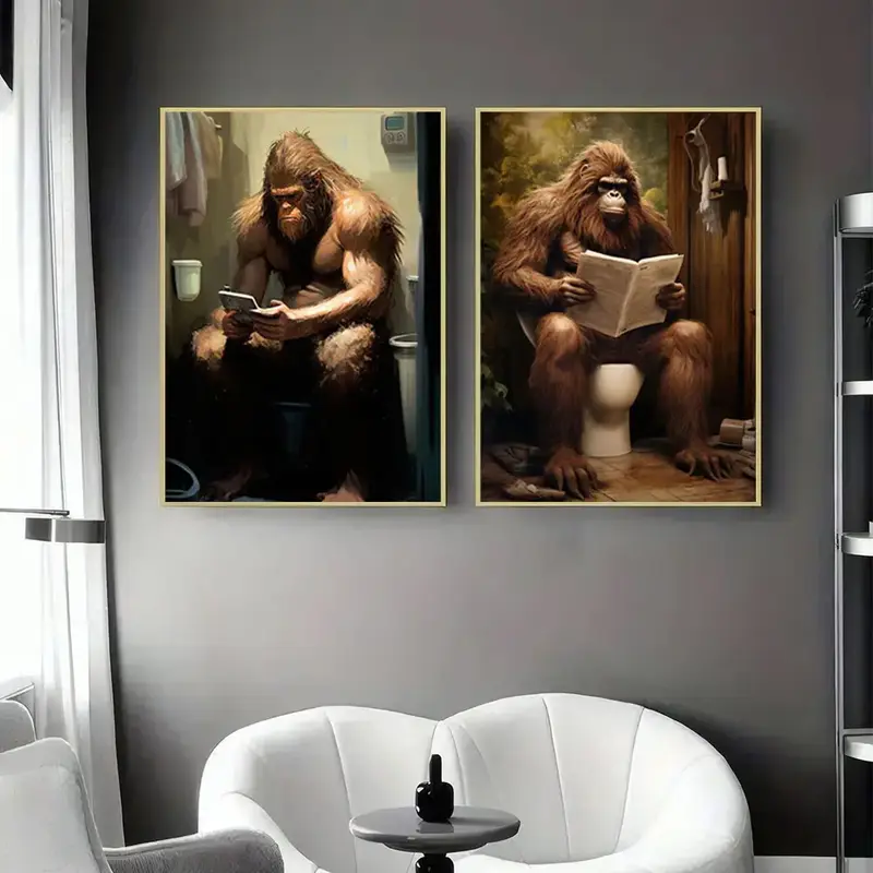 Sasquatch Reading Newspaper on Toilet Pattern Unframed Painting, 1 Count Modern Creative Wall Art Poster, Home Decor for Livi...
