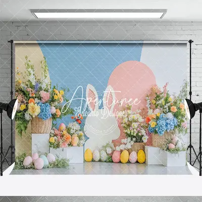 Aperturee Blue Pink Wall Bunny Floral Eggs Easter Backdrop, 3X2FT(1MX0.6M), 14 USD, easter backdrops, ENHD3J24-M