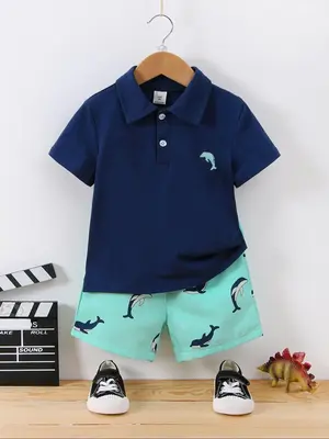 Toddler Boy's Dolphin Embroidery Short Sleeve Polo Shirt & Elastic Waist Shorts Set, Button Front Top & Sea Animal Print Shor...