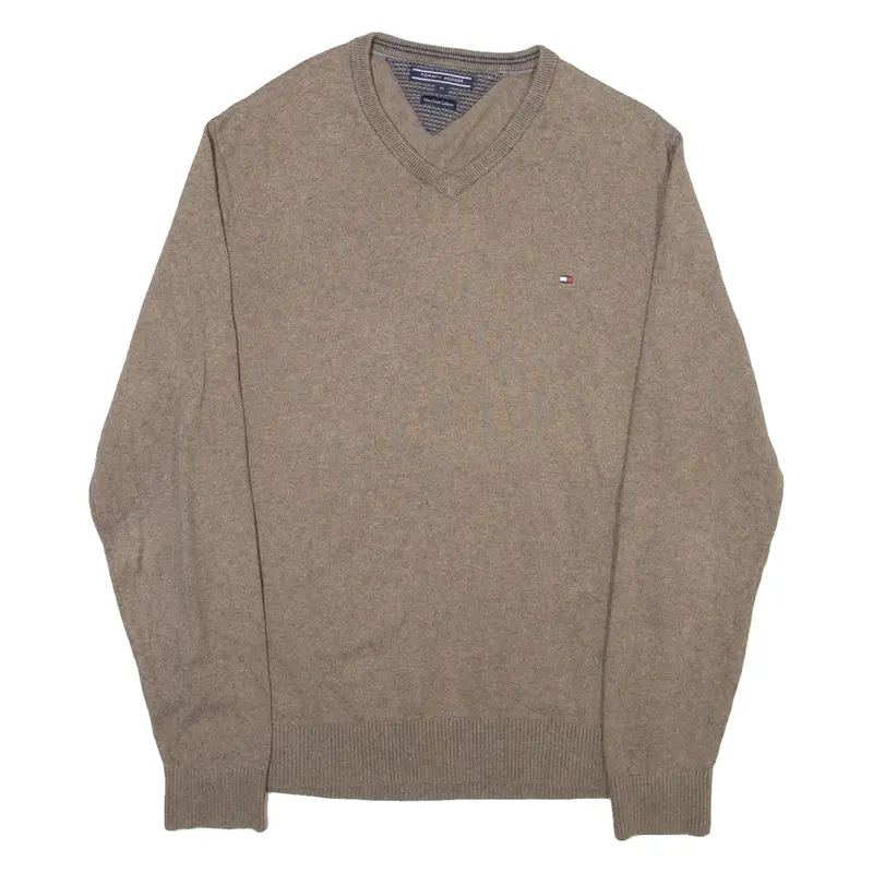 TOMMY HILFIGER Mens Jumper Brown V-Neck Tight Knit M