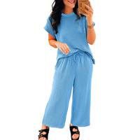 Mntaor Womens Solid Corded Knit Short Sleeve T Shirt and Wide Leg Pants Set Two Piece Matching Outfits Set 2025