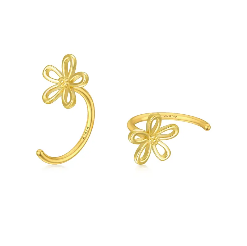 14K Yellow Gold Daisy Half Huggie Hoop Earrings for Women Fine Jewelry Gift for Her