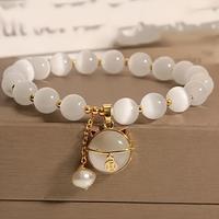 1pc Elegant Opal Beaded Bracelet with Cat Pendant - Chic White & Golden, Perfect Gift for Women, All-Season Versatile Jewelry...