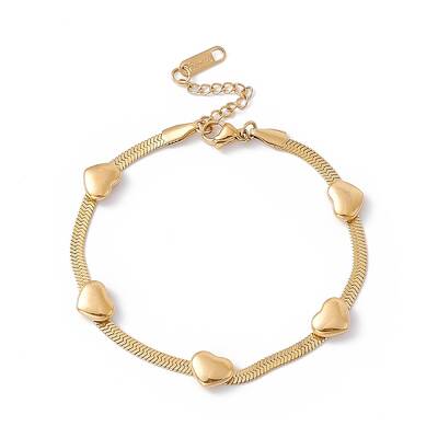 Ion Plating(IP) 304 Stainless Steel Heart Beaded Herringbone Chain Bracelet for Women