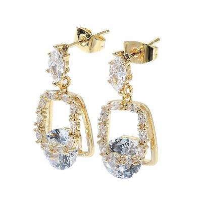Rectangle Brass Micro Pave Cubic Zirconia Dangle Stud Earrings