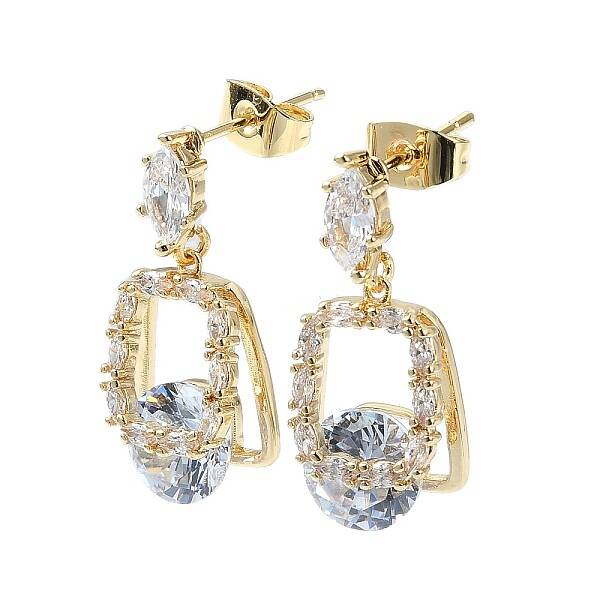 Rectangle Brass Micro Pave Cubic Zirconia Dangle Stud Earrings