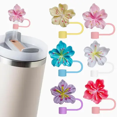 Flower Shaped Straw Cap, 6 Counts/set Reusable Silicone Straw Cover, Dustproof Straw Topper, Drinkware Accessories for Home, ...