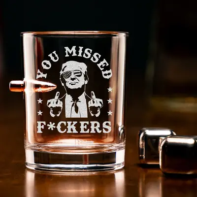 Engraved Trump You Missed Bullet Whiskey Glass, MAGA 11oz Rock Glass Gifts for Men Drinkware
