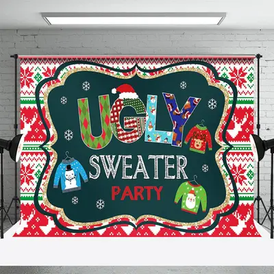 Red Green Ugly Sweater Party Kids Christmas Backdrop - Aperturee