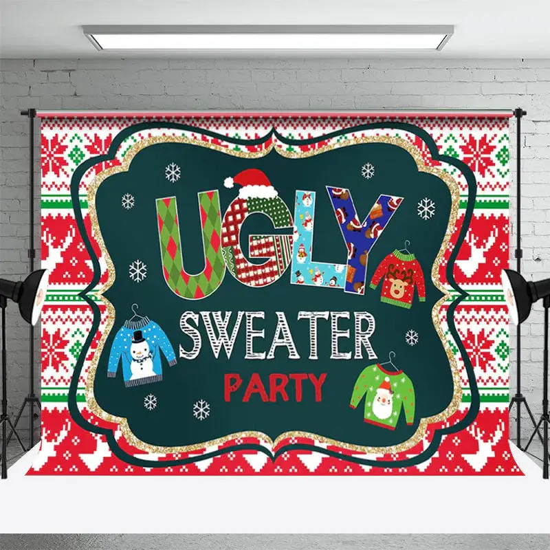 Red Green Ugly Sweater Party Kids Christmas Backdrop - Aperturee
