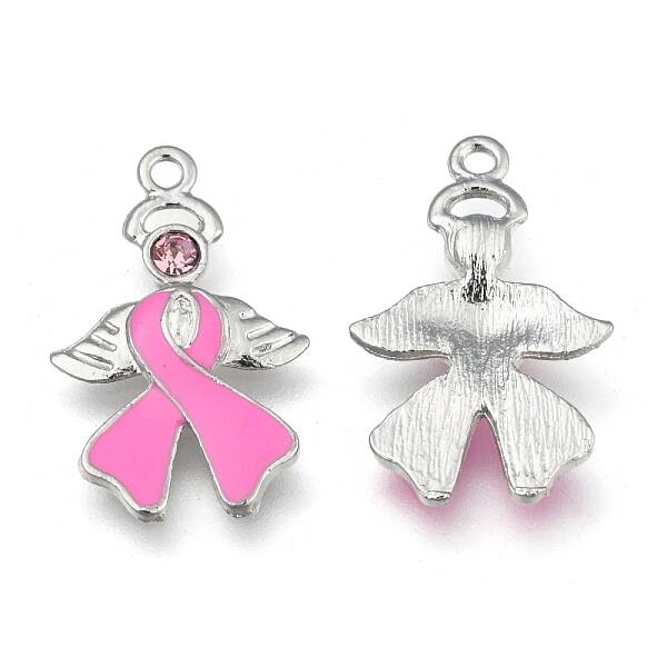 Breast Cancer Awareness Ribbon with Angel Wing Platinum Color Pearl Pink Alloy Rhinestone Enamel Pendants