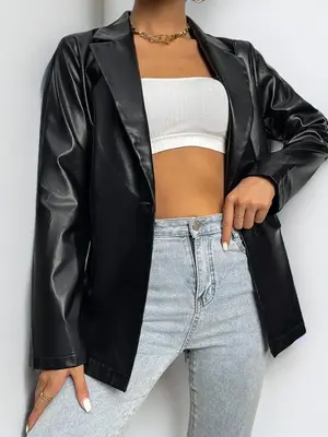 Women's Single Breasted Lapel Blazer Jacket, Fall Outfits, Fallfreshness Elegant Long Sleeve Button Front PU Leather Outerwea...