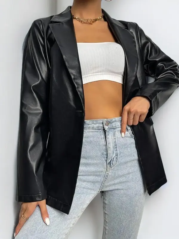 Women's Single Breasted Lapel Blazer Jacket, Fall Outfits, Fallfreshness Elegant Long Sleeve Button Front PU Leather Outerwea...
