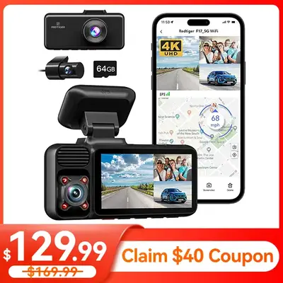 REDTIGER 4K 3 Channel Dash Cam, 5GHz WiFi Built-in GPS, 64GB Card, 2160P+1080P+1080P, Triple Car Camera, IR Night Vision, Par...
