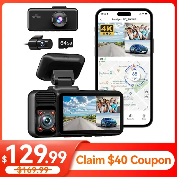 REDTIGER 4K 3 Channel Dash Cam, 5GHz WiFi Built-in GPS, 64GB Card, 2160P+1080P+1080P, Triple Car Camera, IR Night Vision, Par...